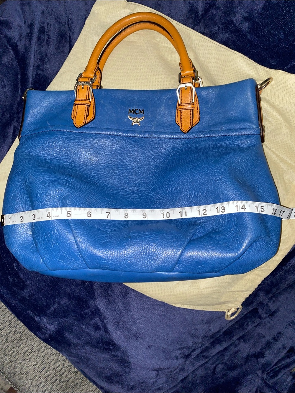 MCM Visetos Logogramme Blue Leather Satchel with Tan Handles and Gold Hardware - Picture 10 of 14